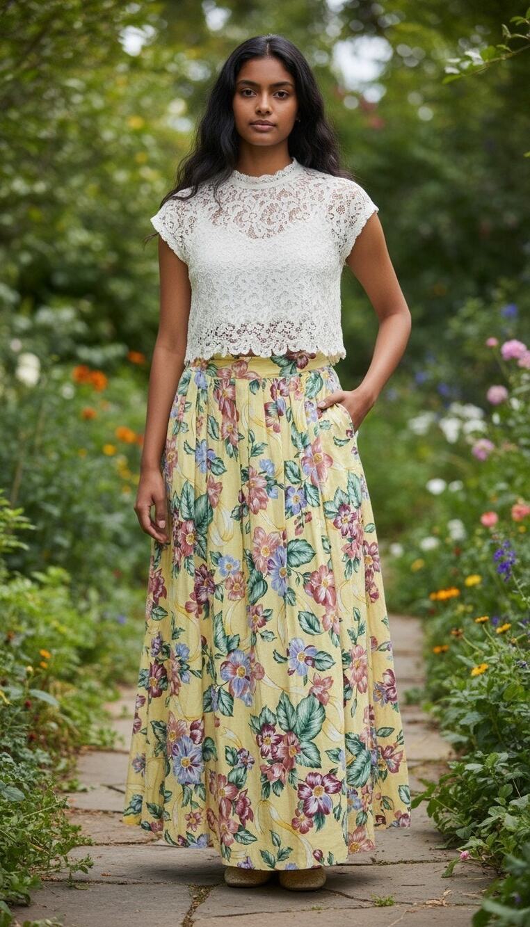 Vintage Yellow Floral Maxi Skirt Bechamal